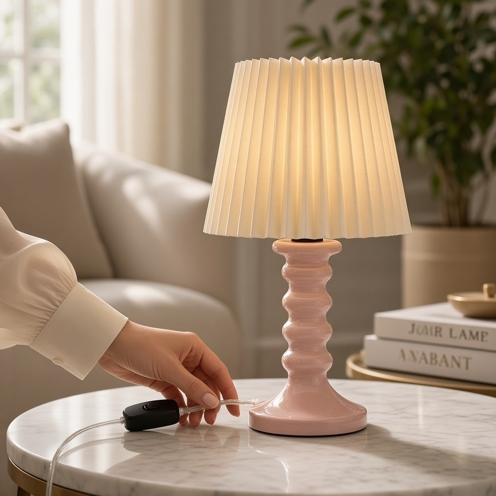 Room Essentials Pink Ceramic Table Lamp Set of 2 with Pleated Shades 074 14 2637